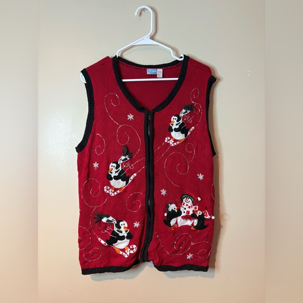 Holiday Editions Red Skiing Penguins Embroidered Sweater Vest EUC